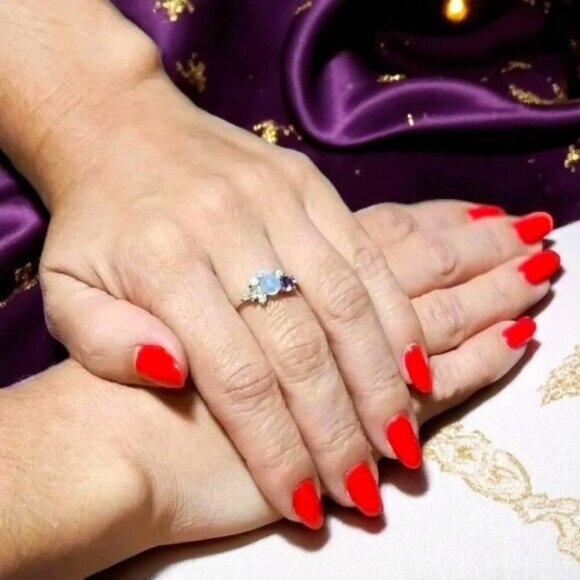 ๐๏ธ S925 Sterling Silver Moonstone Ring Colorful CZ Cluster Delicate Size 7 - Picture 7 of 12